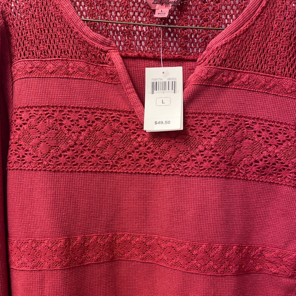 NWT! Lucky Brand rust cotton with crochet details long sleeve top Sz L! MSRP:$49